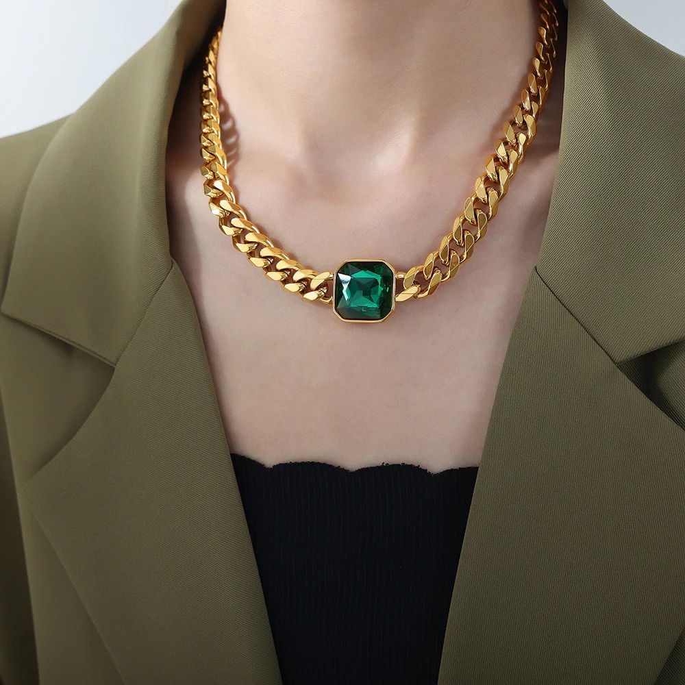 18K Gold Plated Cuban Link Chain Necklace*Green Emerald Zircon Necklace*